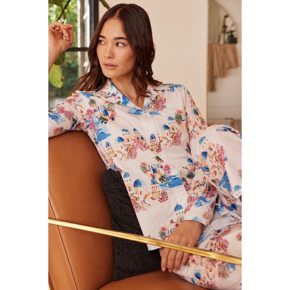 The Cat's Pajamas Santorini Luxe White and Blue Cotton Pajama Set, Women's Large